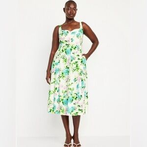 Old Navy Fit N Flare Waist Defined Linen Beachy Floral Feminine Midi Dress 4X